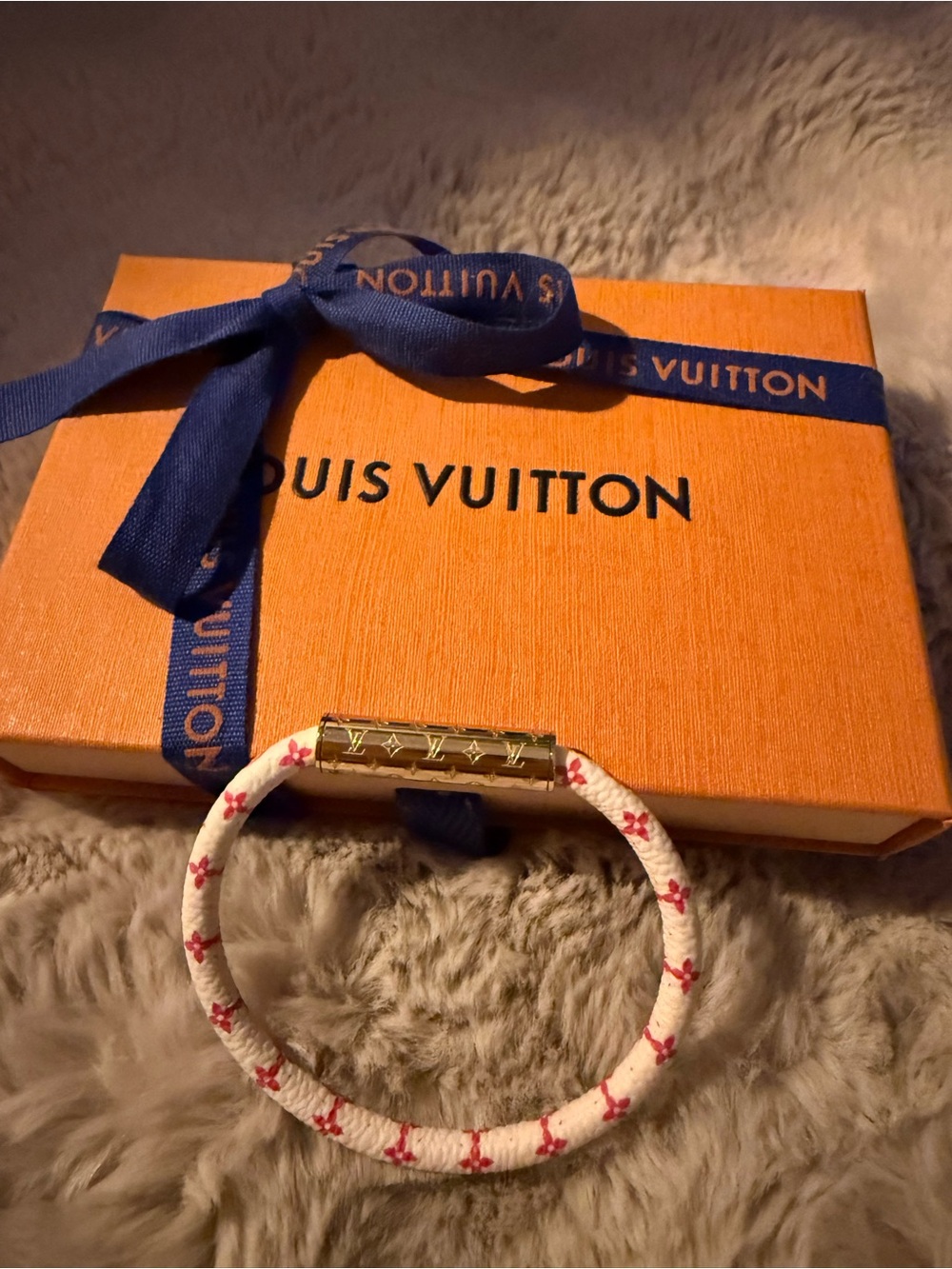 Louis Vuitton White Rope Bracelet with Pink Monogram and Gold-Tone Clasp